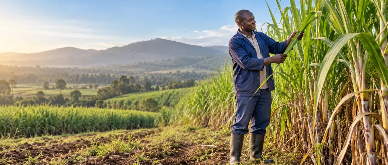 Kenyan farmer inspecting healthy crops