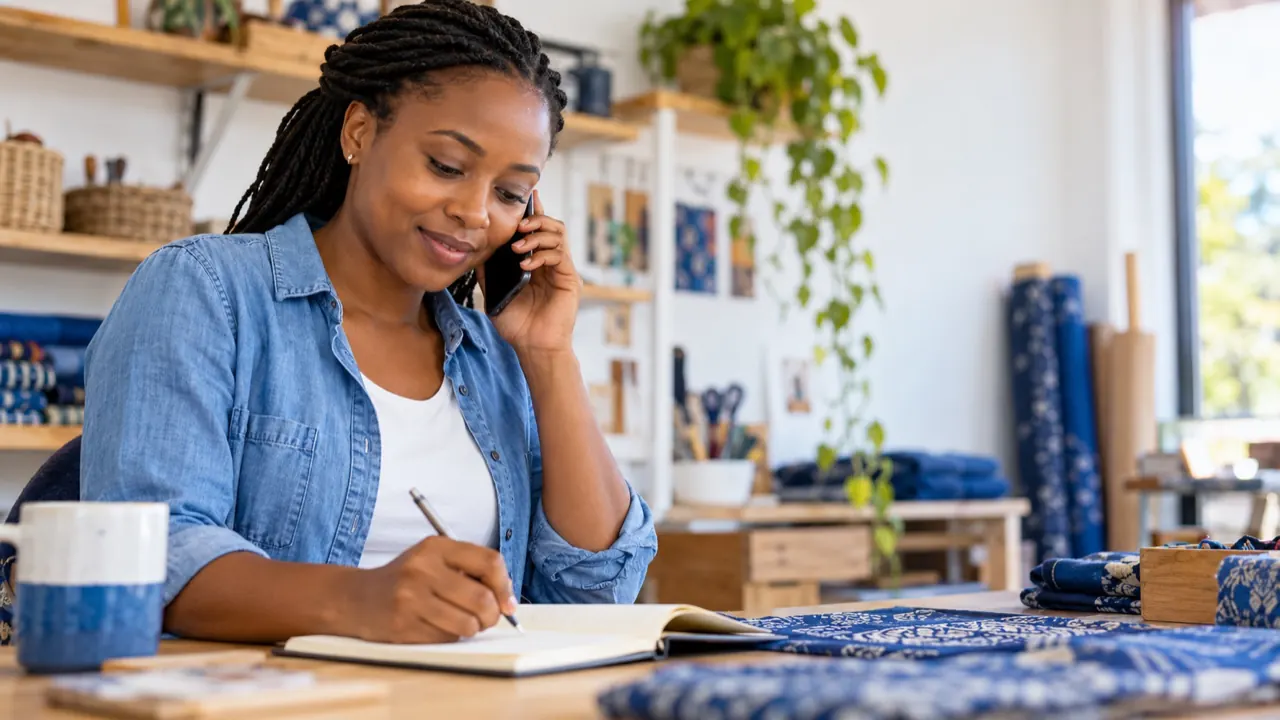 Kenyan business owner speaking by phone while taking notes